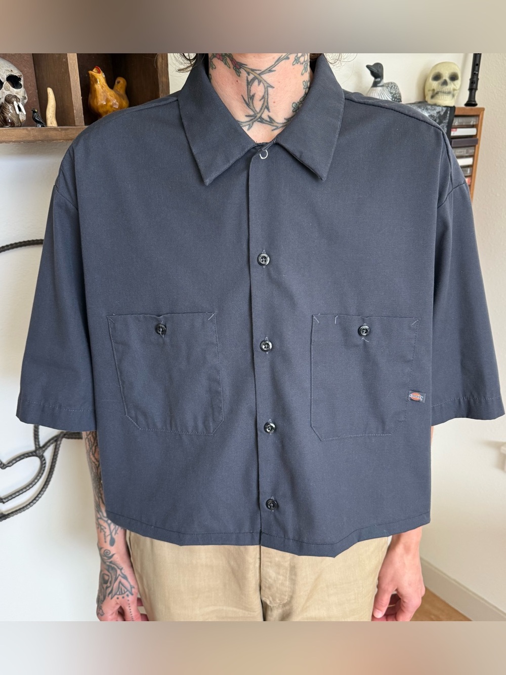 Dickies Cropped Dark Gray SS Button Down Skater Utility Work Shirt ~ Size XL